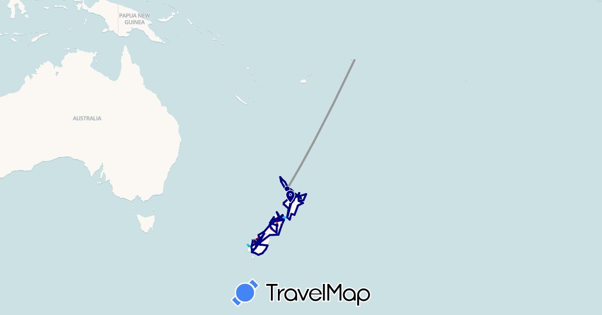 TravelMap itinerary: driving, bus, plane, hiking, boat, hitchhiking in New Zealand, Samoa (Oceania)
